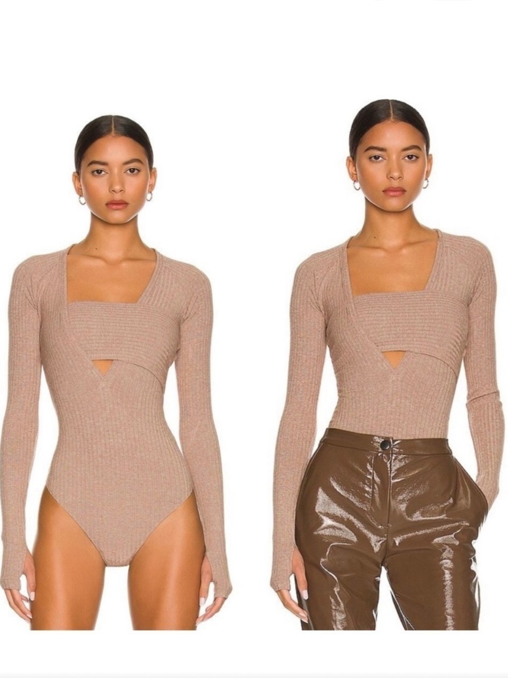ALIX NYC Ribbed Long Sleeve Cutout Bodysuit in Taupe
